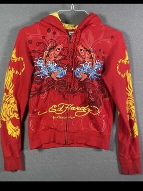 Ed Hardy By Christian Audigier Hoodie Womens Medium Red Koi Skull Full Zip